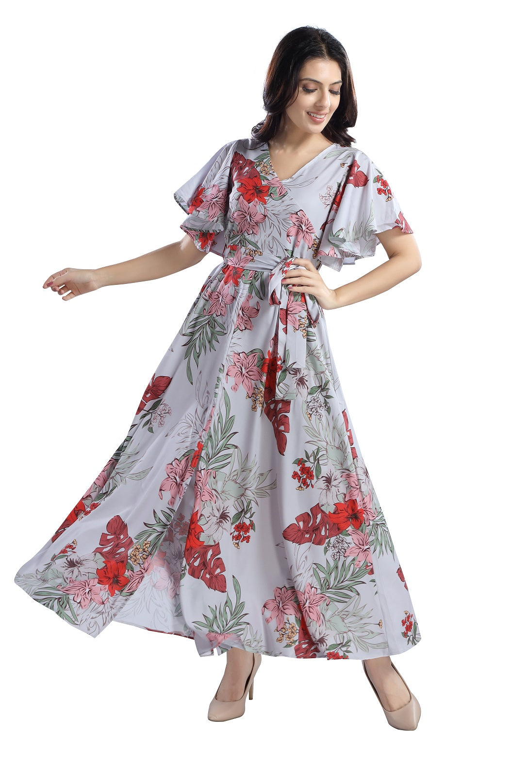 Cherrylavish Tropical Floral printed maxi dress With Belt