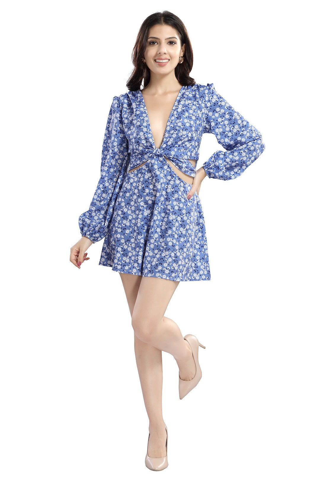 Cherrylavish Lavender Floral Crepe Fit & Flare Dress With Cut-outs & Knots