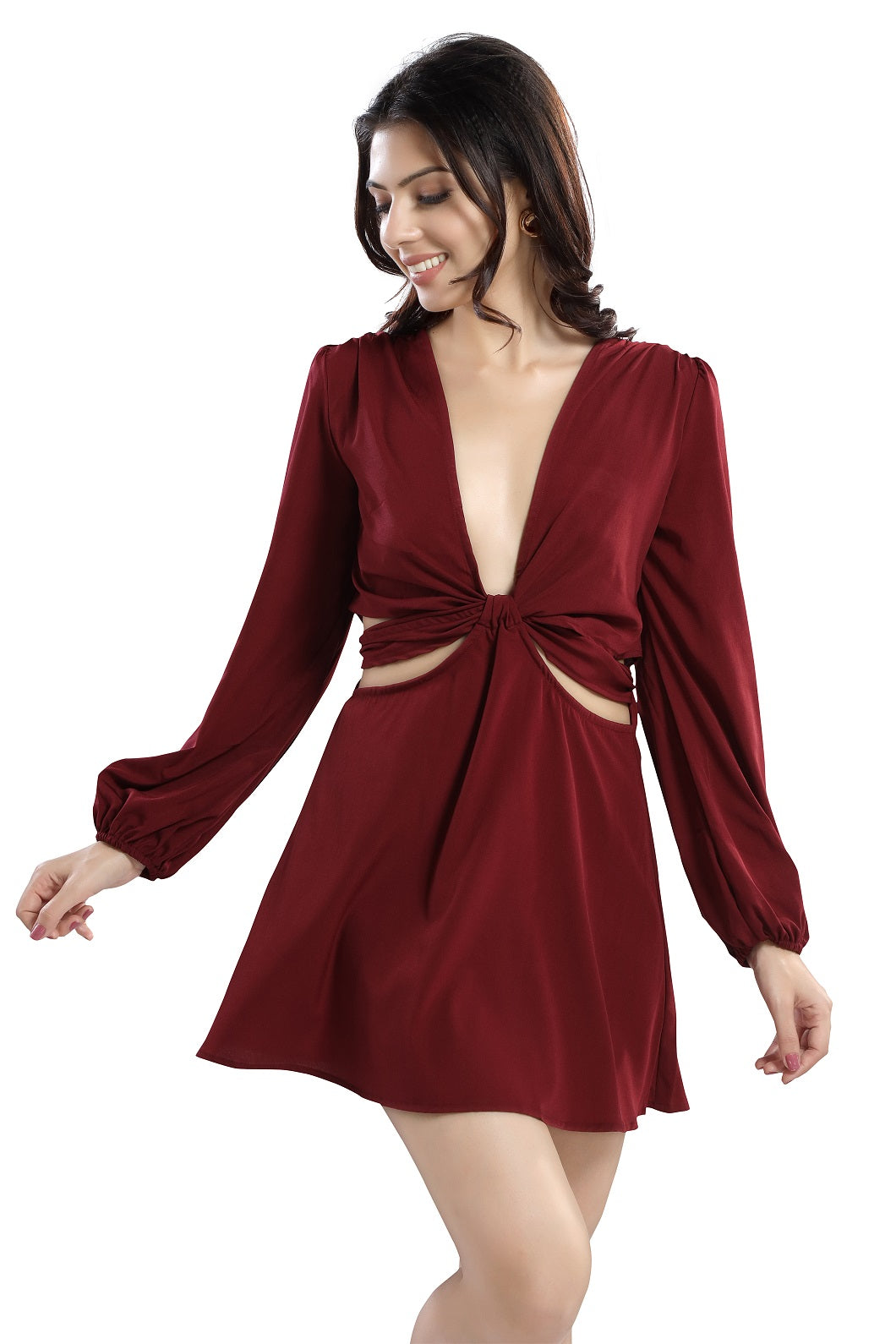 Casual Solid Round Neck Fit and Flare Dress Long Sleeve Burgundy (Women's  Dresses) 