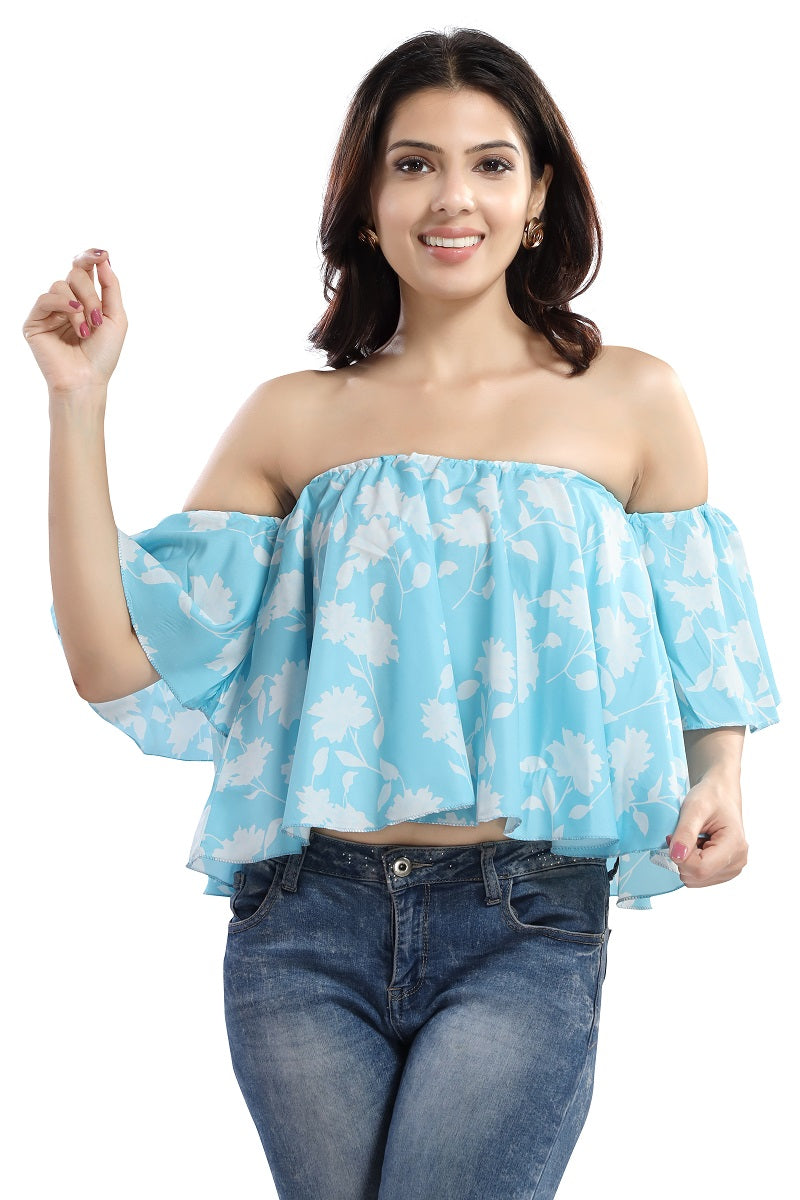 Blue and white bardot cheap top