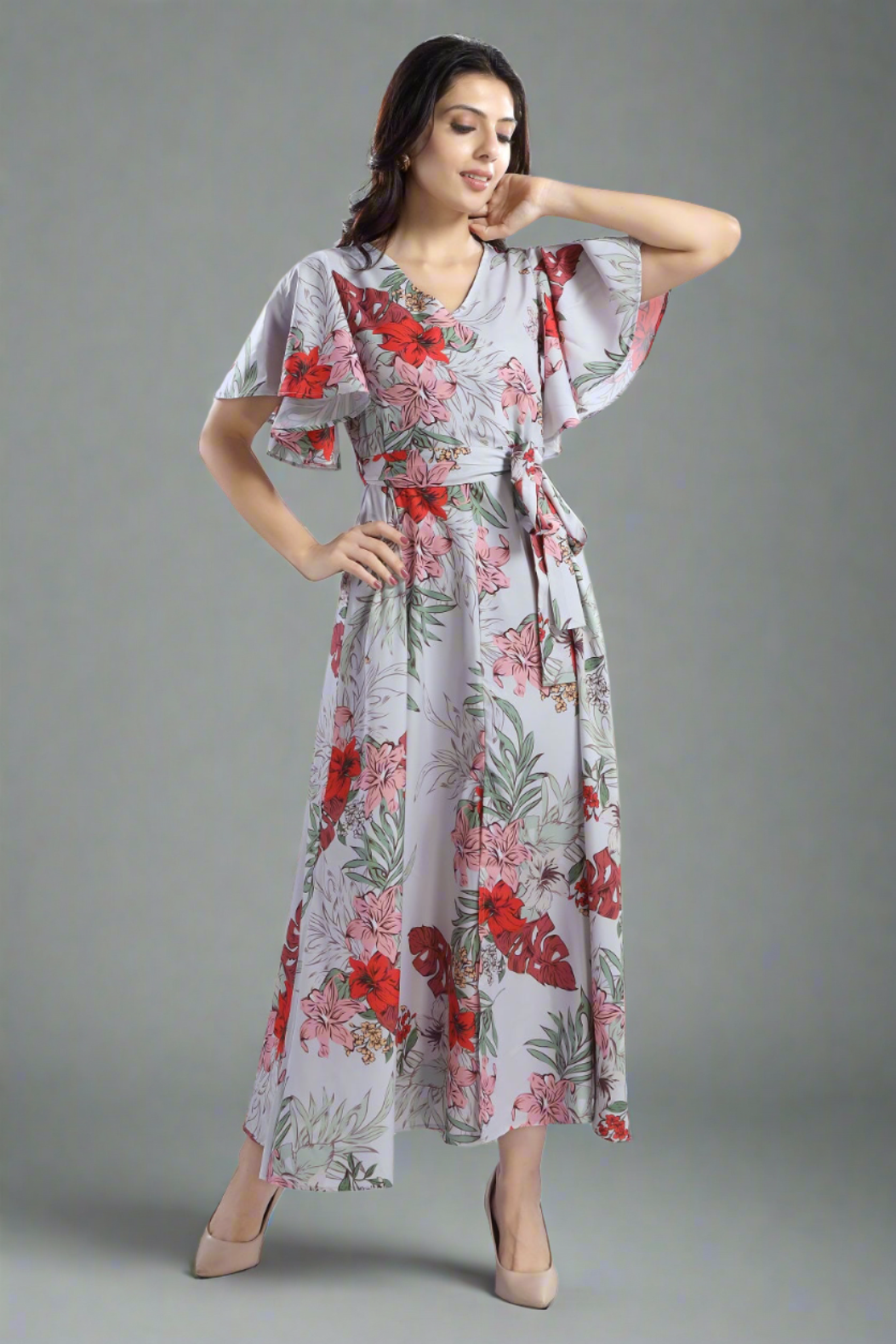 Cherrylavish Tropical Floral printed maxi dress With Belt