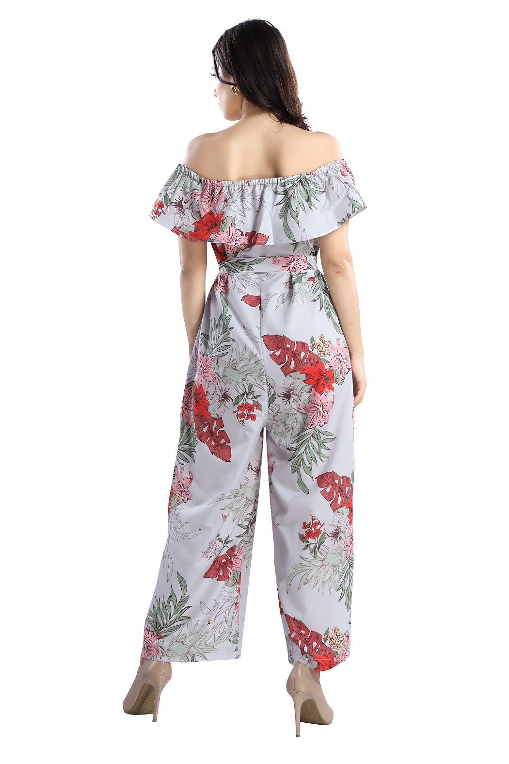 Rose Tropical Floral Spaghetti Straps Belted Plus Size Jumpsuit