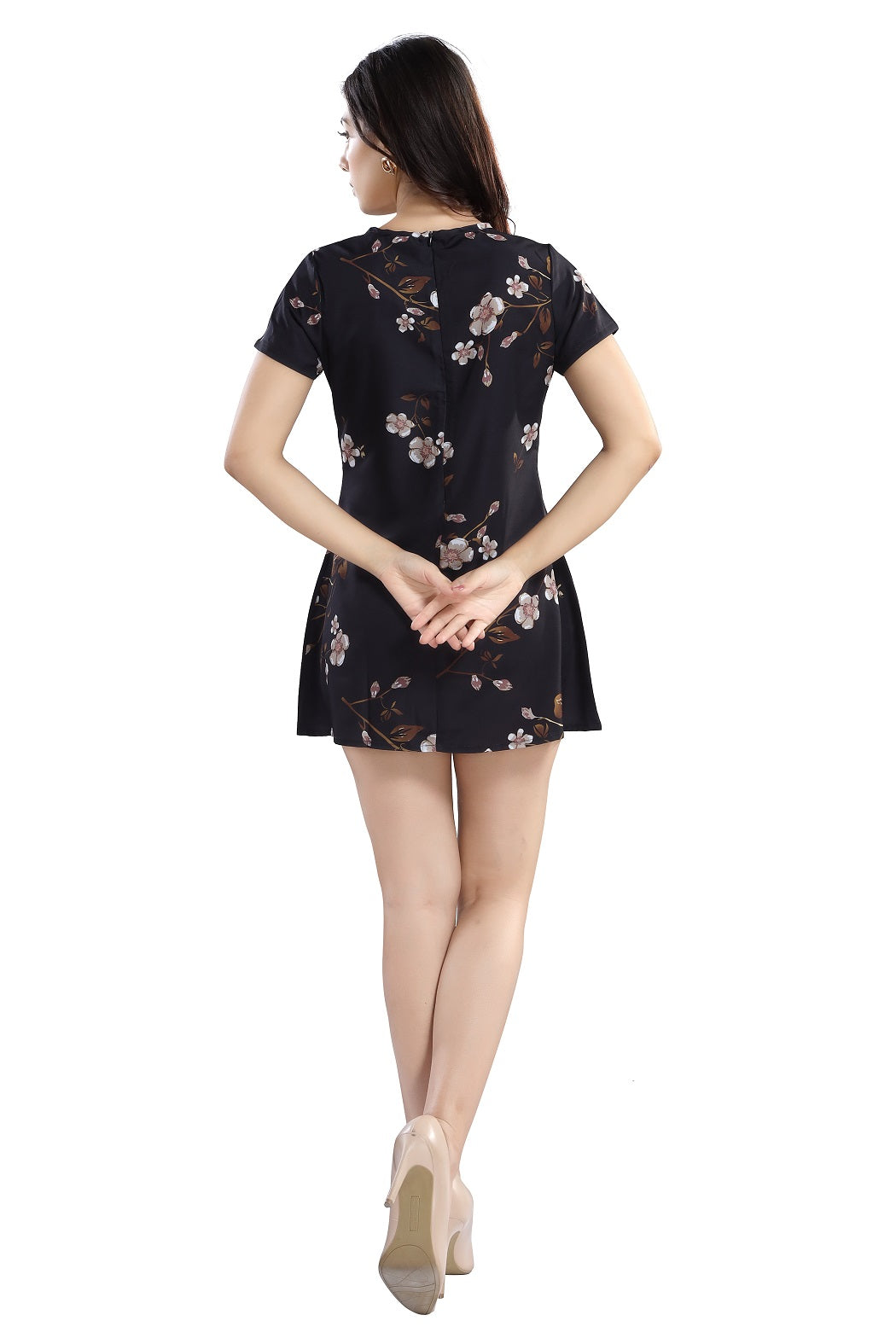 Cherrylavish  Black Floral Crepe Mini A-Line Dress With Cut-outs