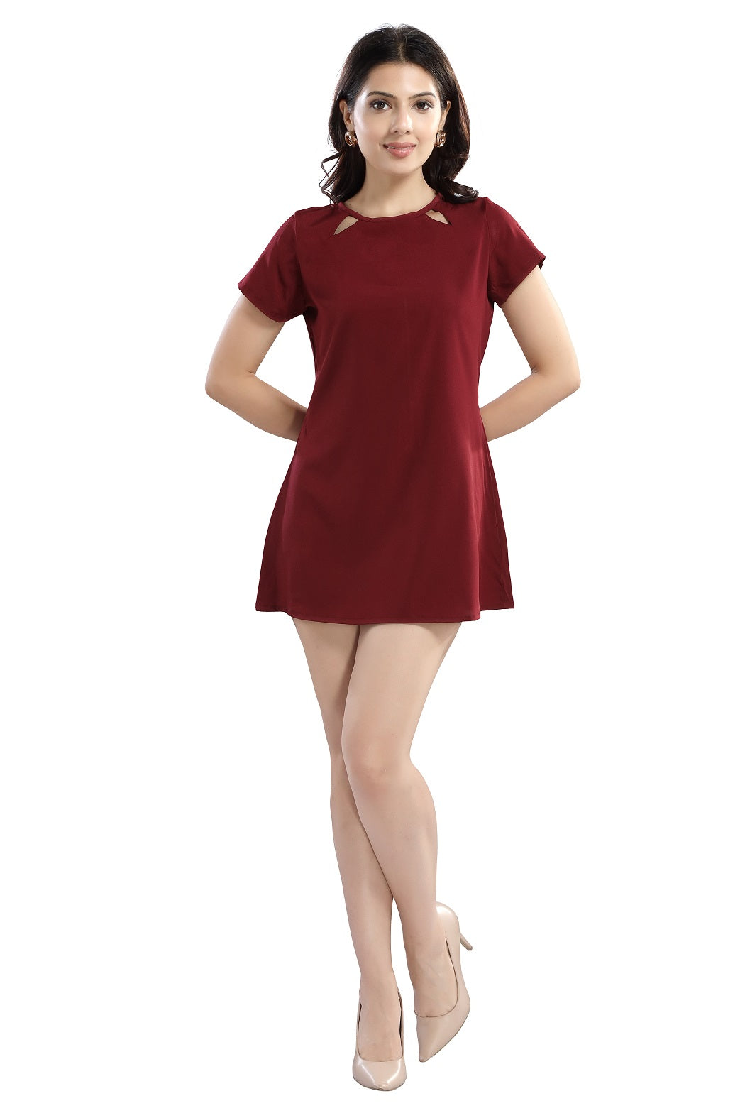 Cherrylavish  Solid Maroon Crepe Mini A-Line Dress With Cut-outs