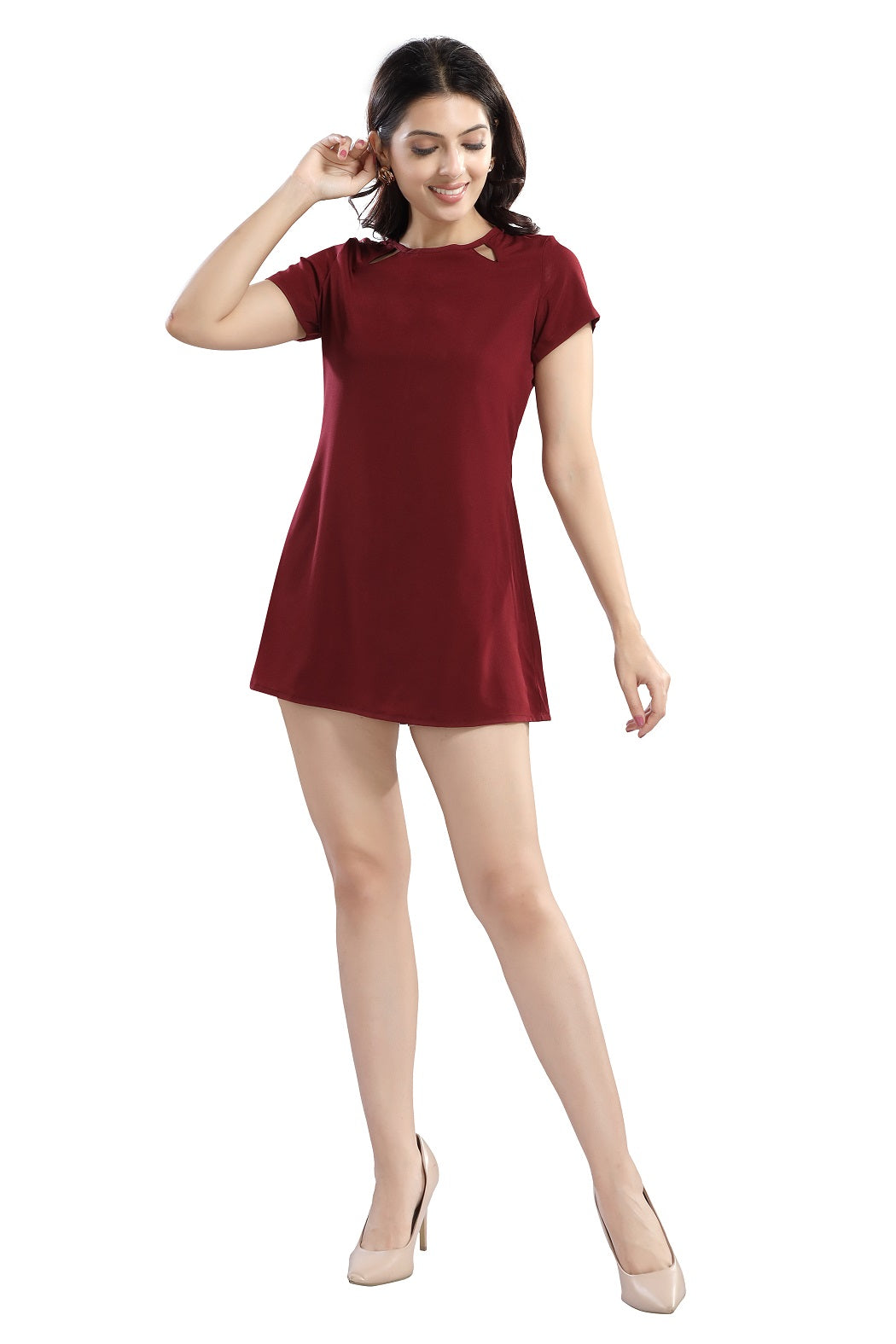 Cherrylavish  Solid Maroon Crepe Mini A-Line Dress With Cut-outs