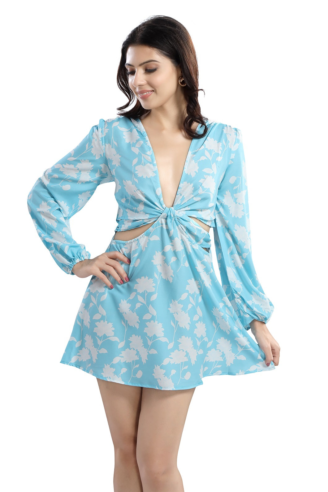 Cherrylavish Blue & White Floral Print Crepe Fit & Flare Dress With Cut-outs
