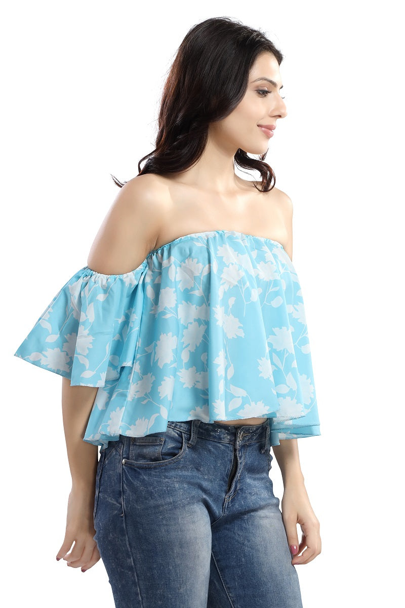 Cherrylavish Blue White Floral Printed Bardot Top Express