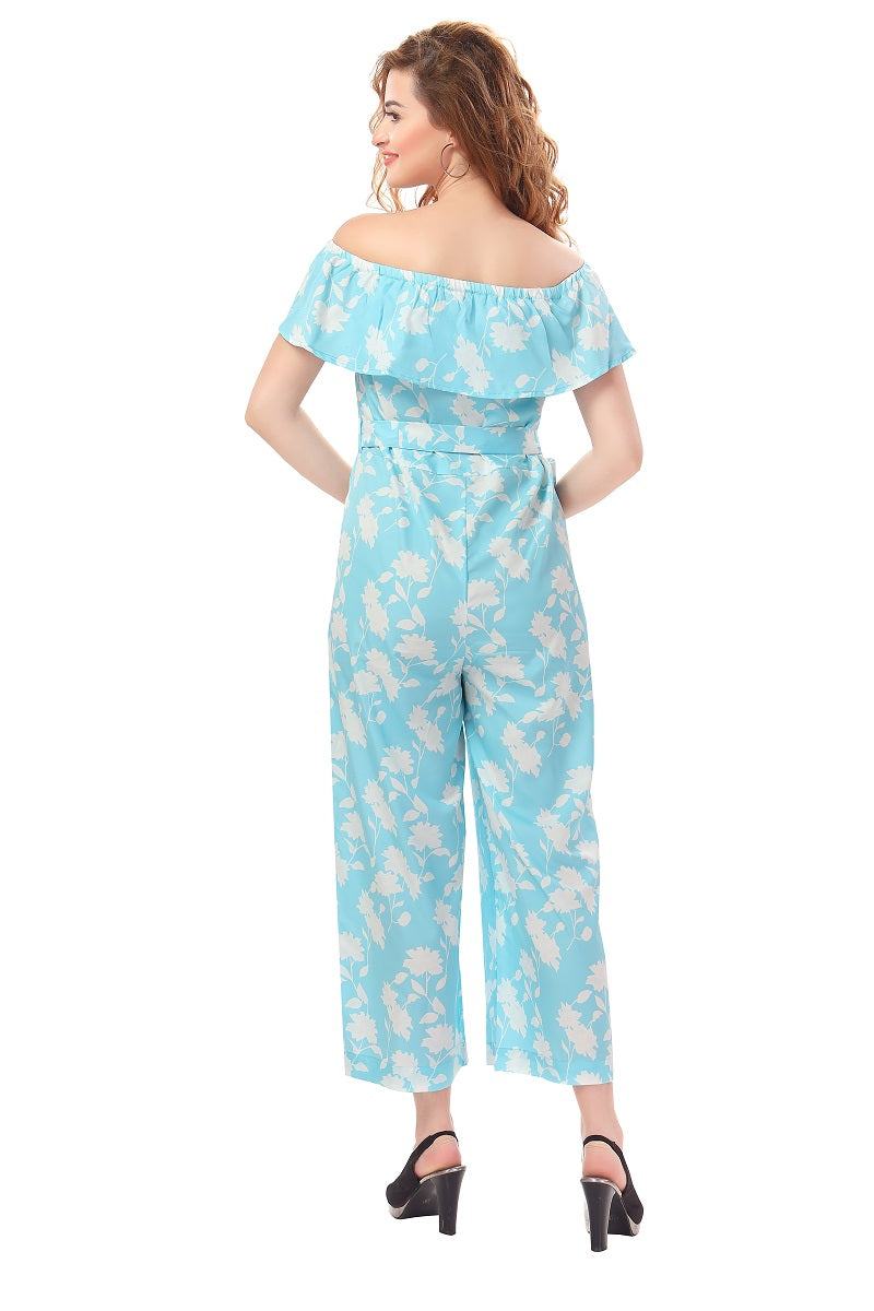 Cherrylavish Blue & White Floral Print Jumpsuit With Ruffle On Bust