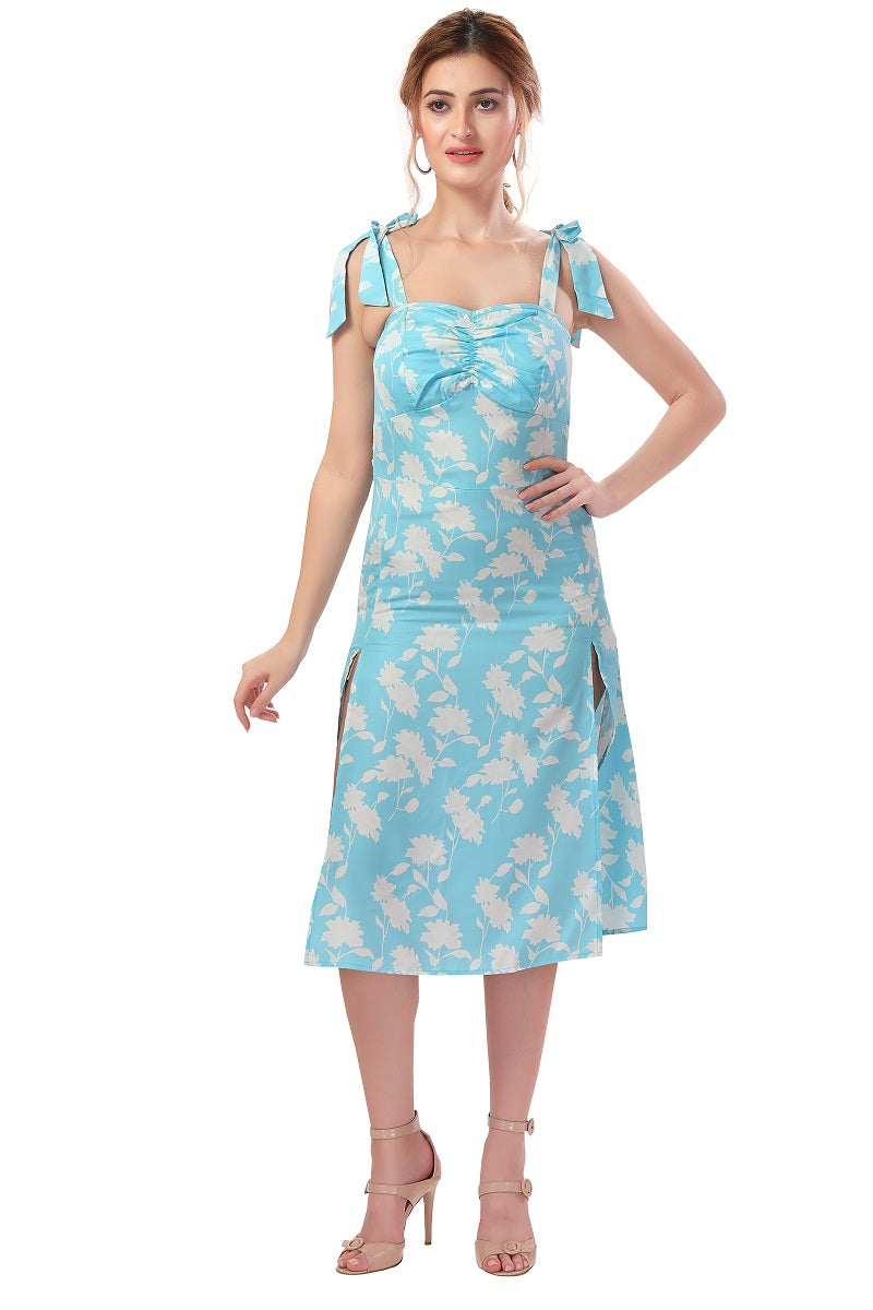 Cherrylavish Blue & White Floral Shoulder Tie Ruched Bust Slit Dress