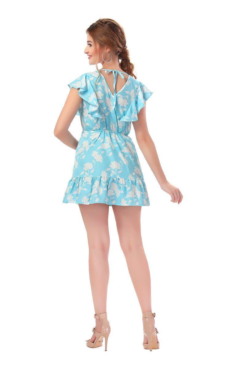 Cherrylavish Blue & White Floral Print Ruffled Fit & Flare Mini Dress