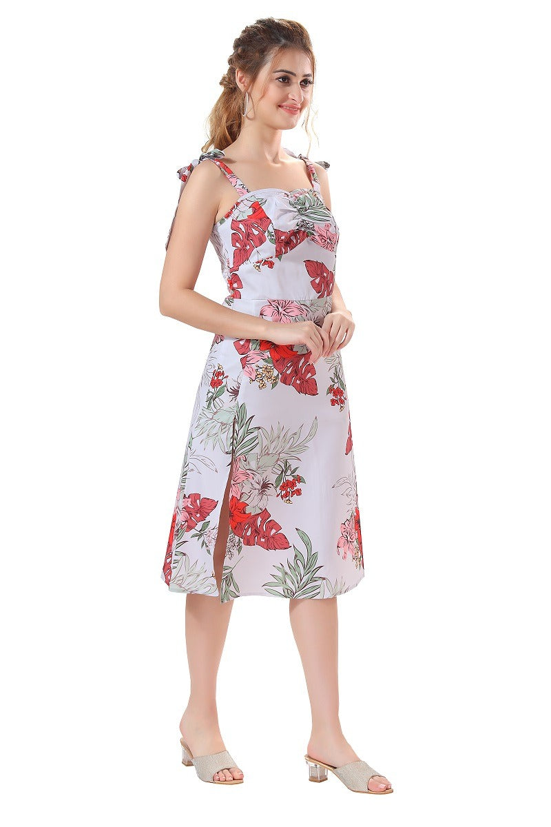 Cherrylavish Tropical Floral Shoulder Tie Ruched Bust Slit Dress