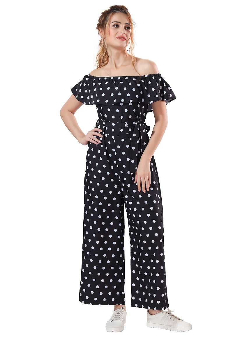 Cherrylavish Polka Dot Print Crepe Jumpsuit With Ruffle On Bust