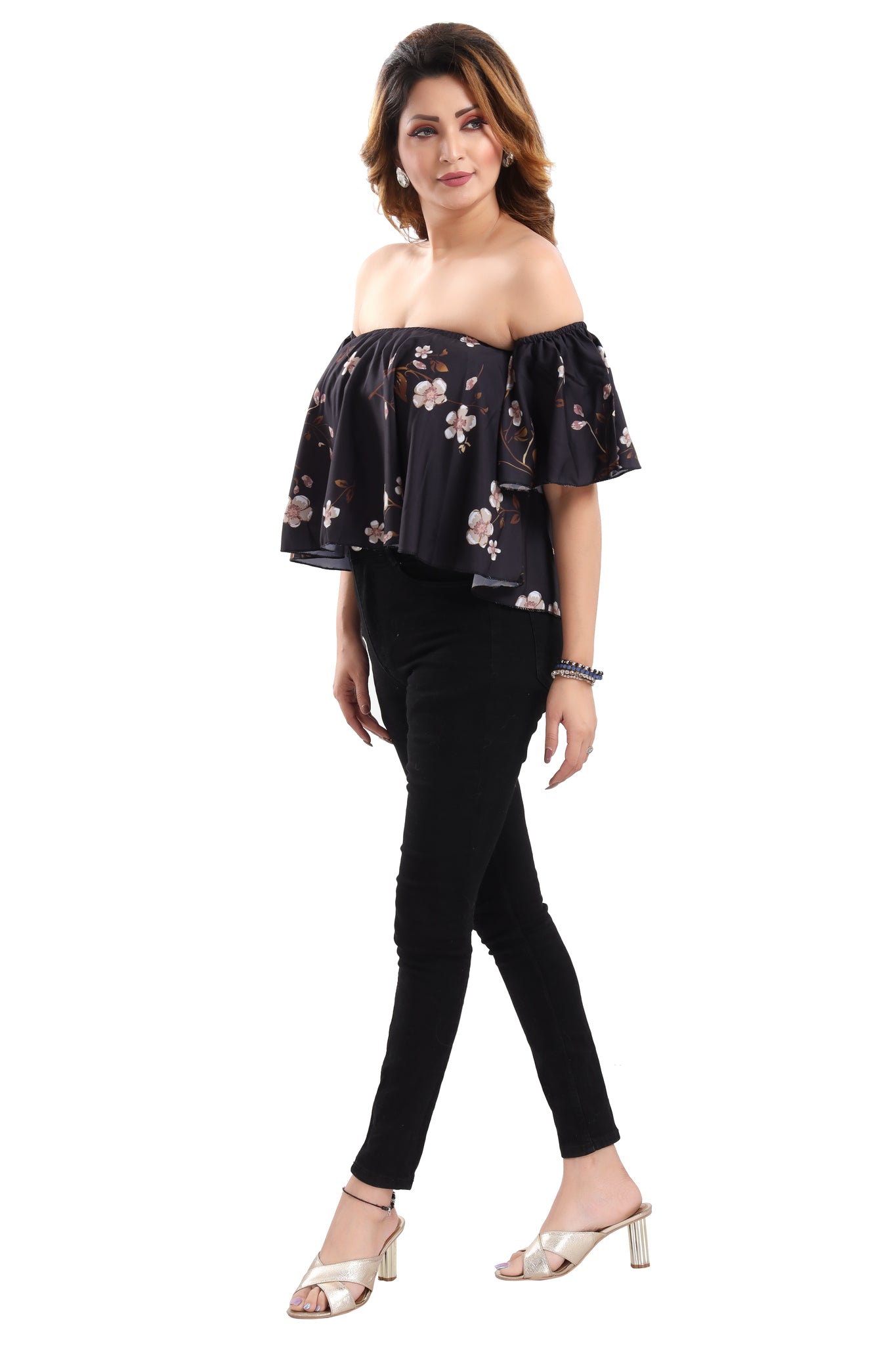 Black Floral Printed Bardot Top cherrylavish