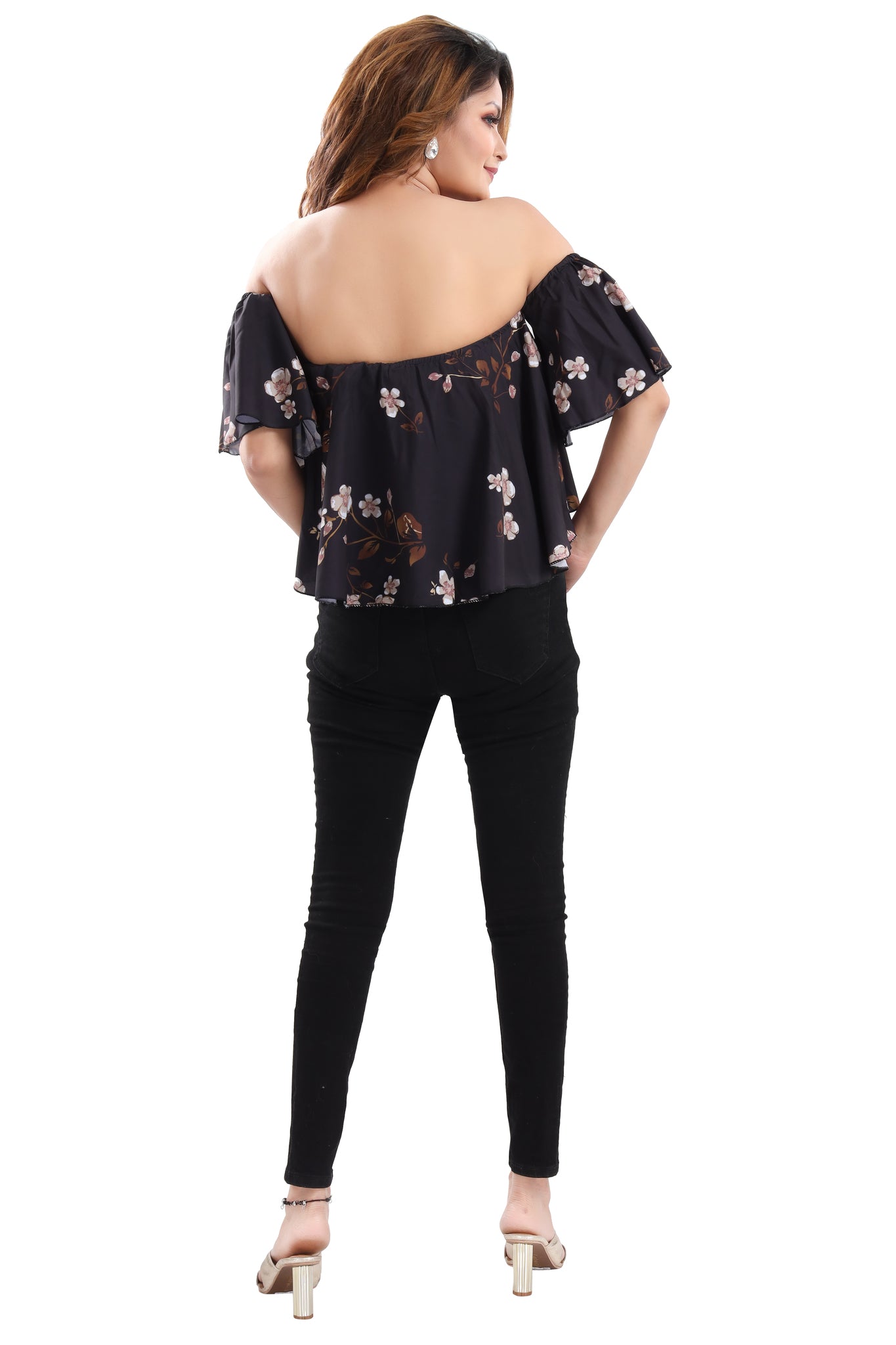 Black Floral Printed Bardot Top cherrylavish