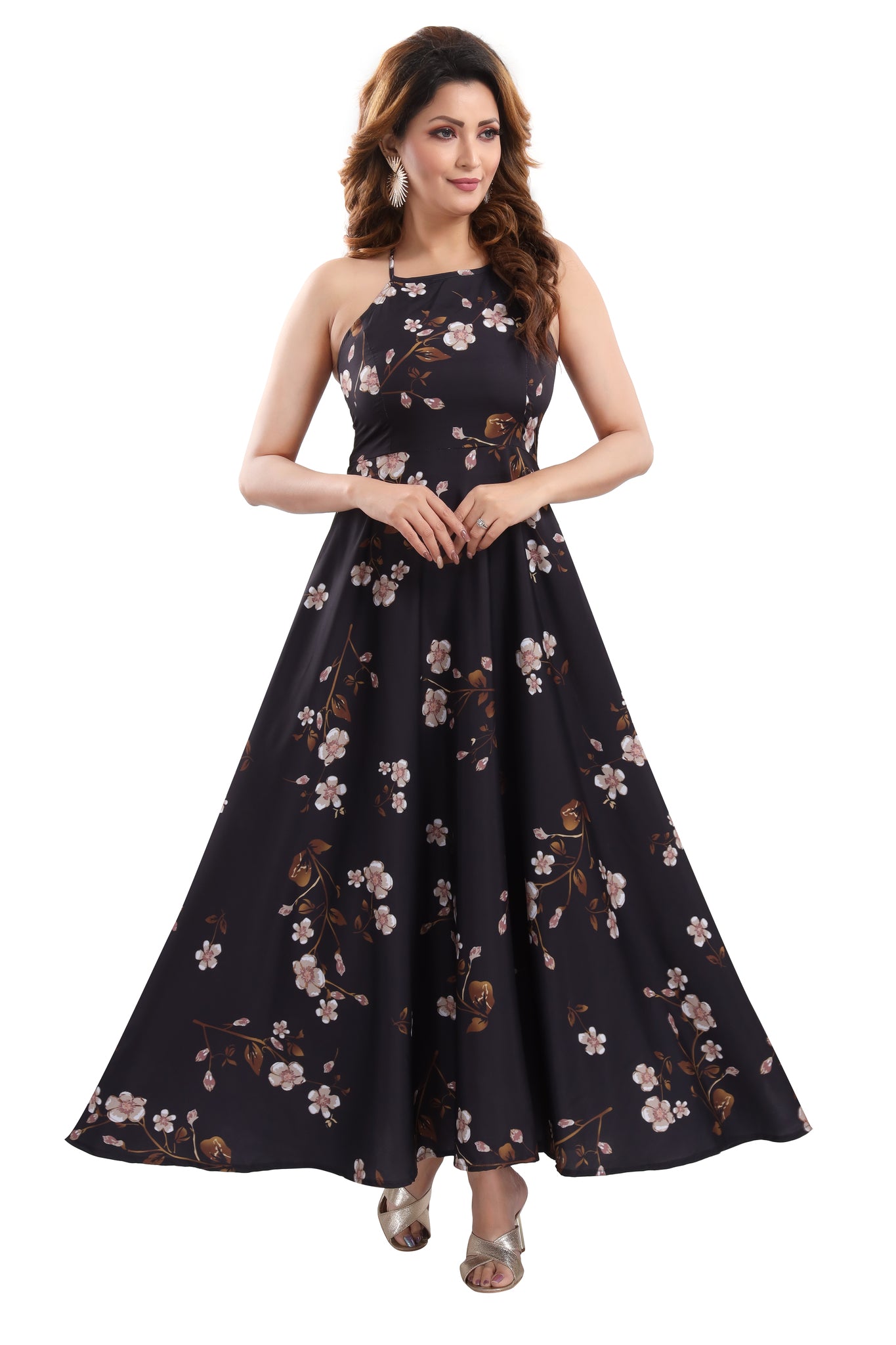 Black Floral Printed Shoulder Straps Dress