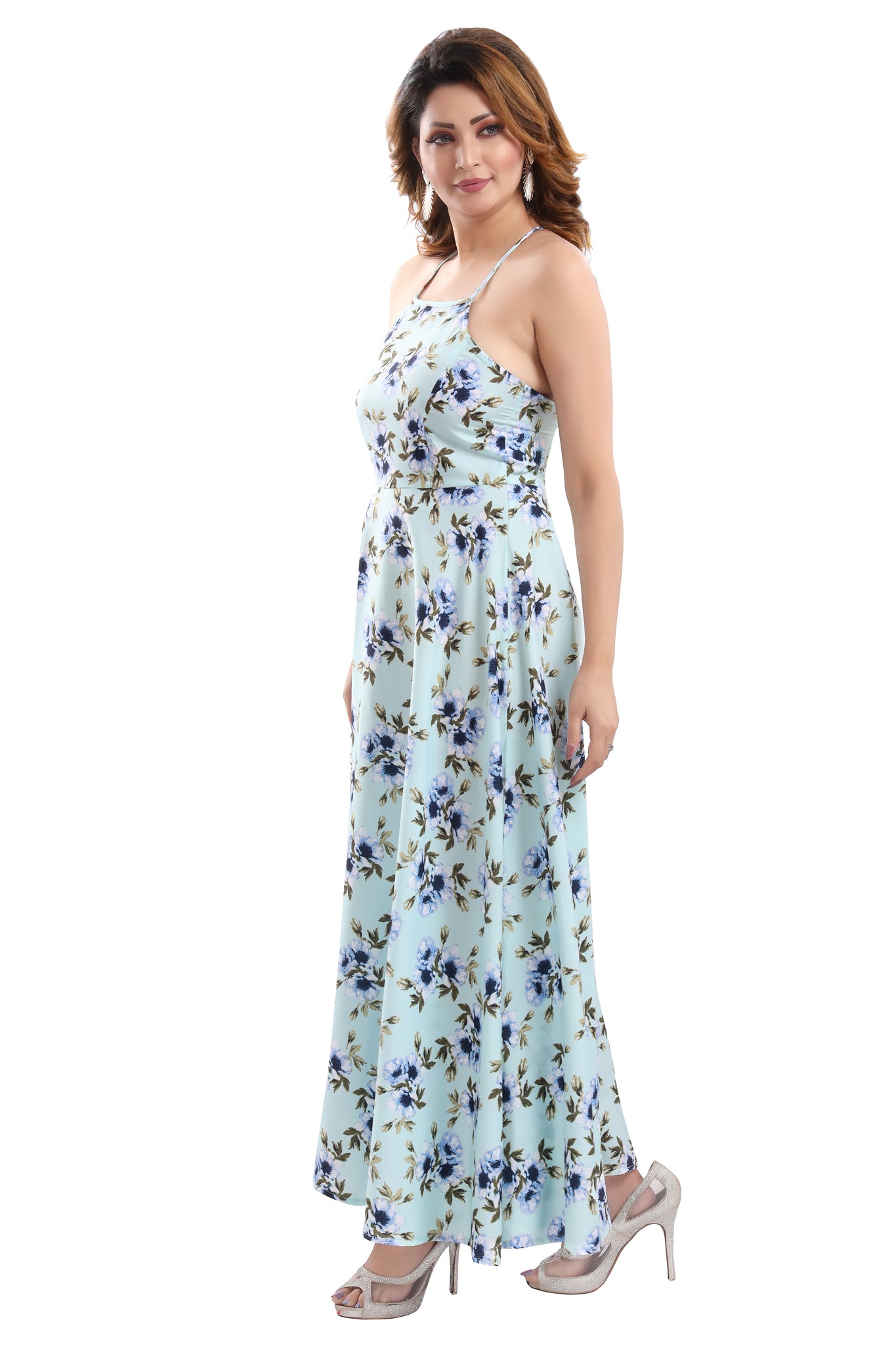 Mint & Blue Floral Printed  Shoulder Straps Dress