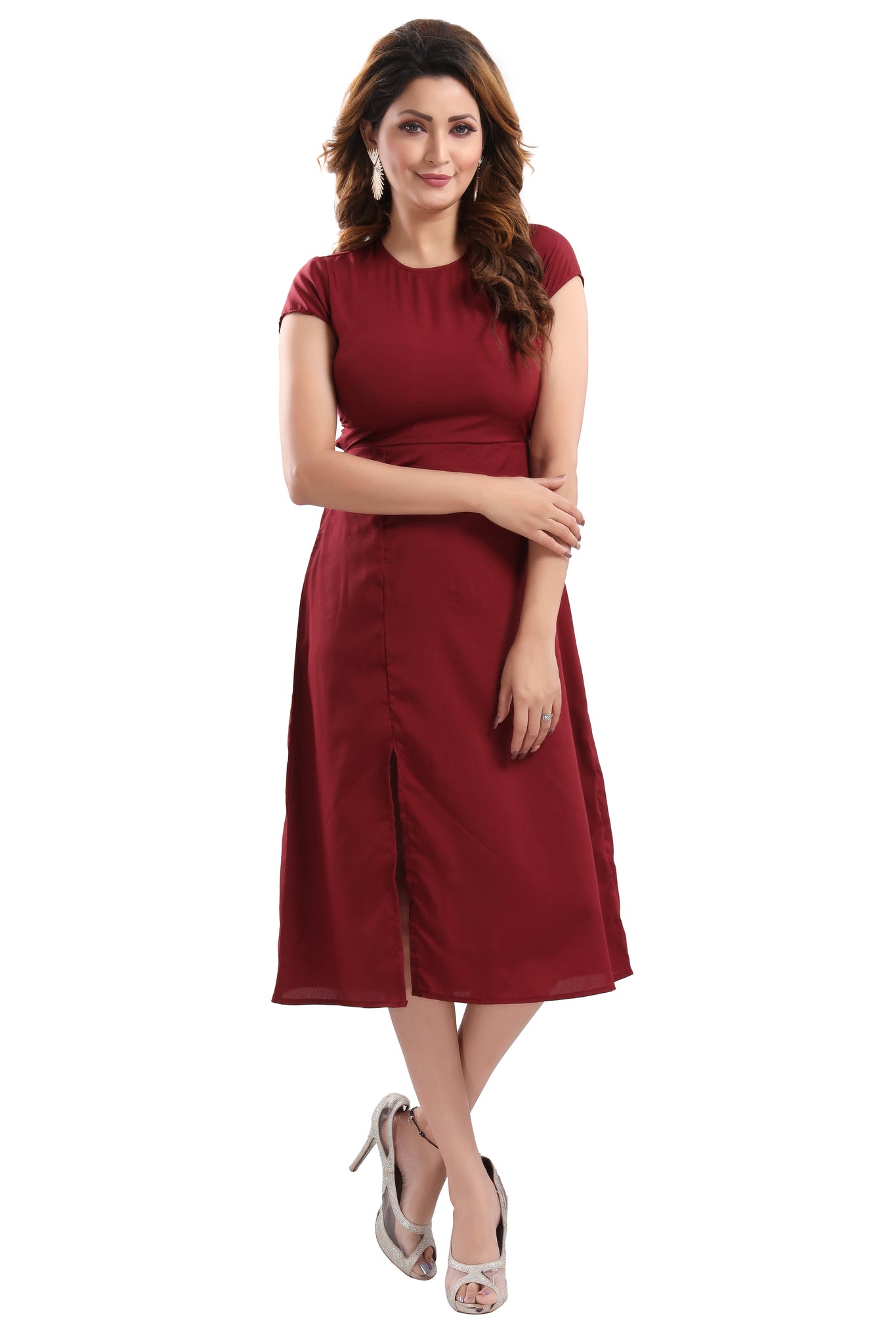 Solid Maroon A - Line Dress